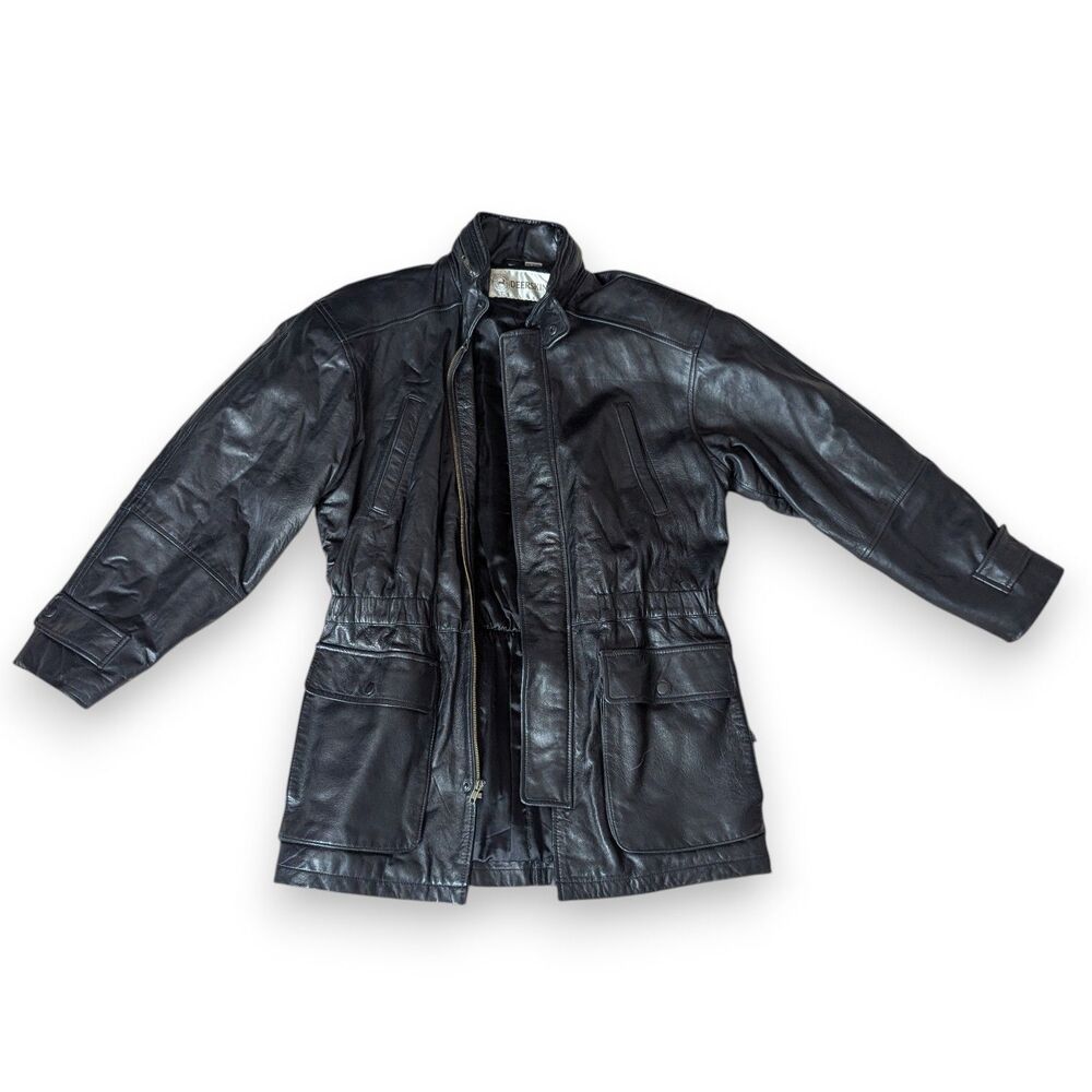 Vintage Deerskin Leather Bomber Jacket Medium Mens Leather Black 80s with Hood